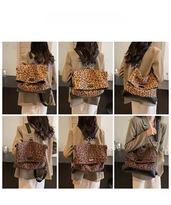 Detail view of leopard print multipurpose backpack showing dual-color options and buckles