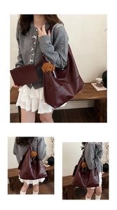 Deep red PU leather tote bag with small zipper pouch and teddy charm detail