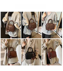 Detailed views of multi-color vintage Boston bags with puppy charms on models