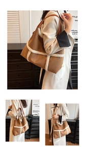 Detail of a brown suede tote bag with white faux fur trim and leather shoulder straps