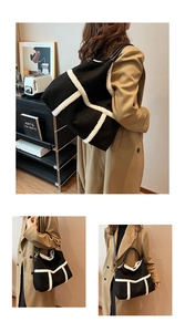 Three-way view of black suede tote bag with white faux fur trim showing various carrying styles