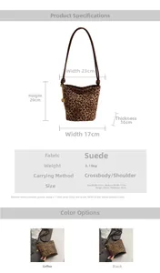 Detail view of leopard print bucket bag with dimensions and suede texture highlights