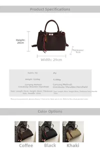 Detail of PU leather tote with striped scarf charm and adjustable shoulder strap