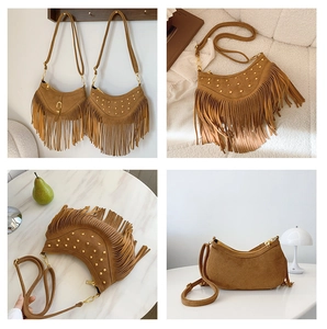 Vue détaillée en quatre plans d'un sac à franges en daim marron avec clous dorés
