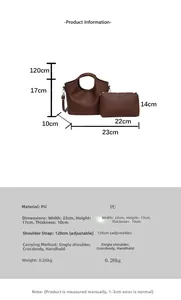 Detailed size chart for brown PU bucket bag set showing dimensions and adjustable strap