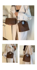 Brown lychee-textured leather bucket bag and pouch set with shoulder strap detail