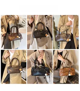 Detailed grid showing vintage leather shell bags in four colors with adjustable straps