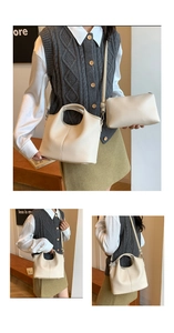 Detail of off-white lychee grain bucket tote bag set with matching zippered pouch
