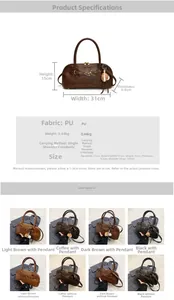 Detailed size specifications and material chart for large vintage PU leather shell bag