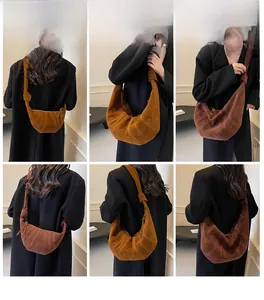 Multi-angle views of brown suede crossbody crescent bag with stylish knot strap detail