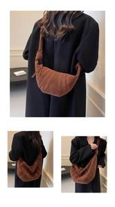 Brown suede croissant crossbody bag showing multiple wearing styles on a model