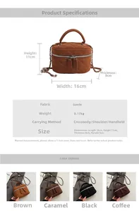Quilted suede mini crossbody bag showing dimensions 16x11x8cm and multiple color options