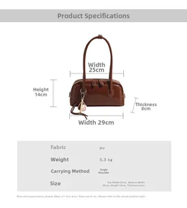 Detailed view of vintage dark brown baguette bag with precise dimensions and baseball charm
