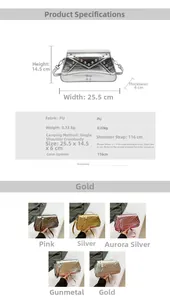 Size specifications and multi-color metallic rivet square bags with crossbody strap