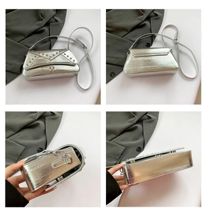 Detail views showing silver metallic crossbody bag with star studs and envelope flap