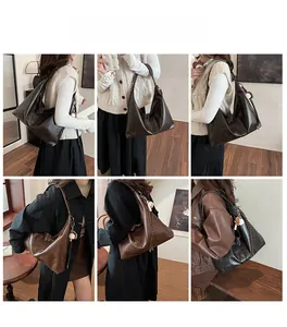 Multiple views of retro large capacity hobo bag with woven strap and plush charm