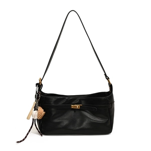 Minimalist black PU leather shoulder bag with gold twist lock and baseball bag charm