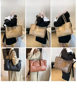 Collage of large woven leather tote bags in beige, black, caramel, and khaki on models