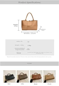 Detailed size chart and specifications for the large woven PU leather tote bag