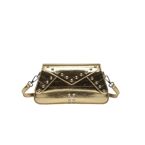 Golden metallic envelope shoulder bag with star-shaped rivets on a white background
