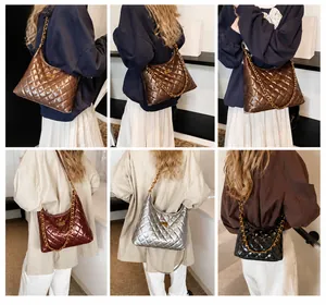 Detail shots showing metallic diamond quilted bags with gold chain straps in four colors