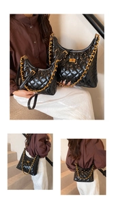 Detailed comparison of small and large black quilted crescent bags with gold chain