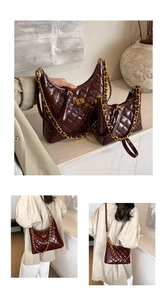 Detail view of burgundy quilted chain shoulder bags in large and small sizes with gold hardware