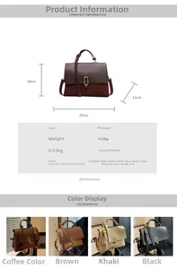 Detailed size specifications and material chart for vintage PU leather crossbody bag