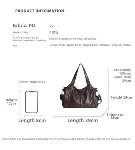 Tableau comparatif des tailles du sac cabas en cuir PU marron avec iPhone 16 Pro Max