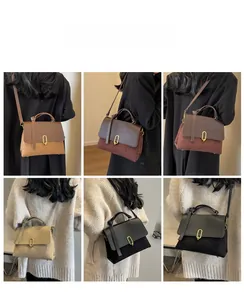 Detailed views of leather handbag with U-shaped buckle in multiple colors on a model