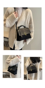 Three-angle view of a black crossbody bag with gold U-lock and textured leather finish