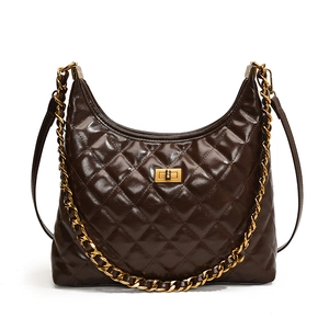 Dark brown quilted shoulder bag for women, stylish turn-lock chain crossbody bag for daily commute.