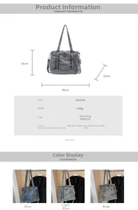Detailed dimension chart for denim tote bag showing 35x31x12cm size and color options