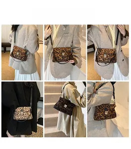 Detail view of leopard print crossbody bag with metal clasp shown in a six-grid collage