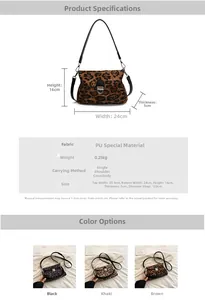 Detailed size specifications and color variants of the leopard print PU crossbody bag