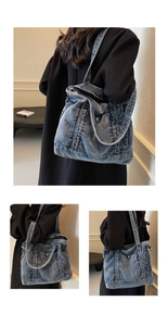 Detailed views of a vintage blue denim tote bag with dual handles and metal buckle accents