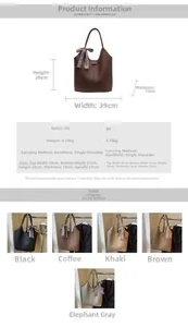 Size chart showing large tote bag dimensions 39x29x13cm in five color options