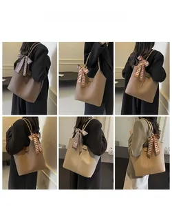 Collage of large capacity bucket bags in various colors with elegant silk scarf detail