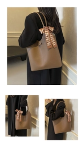 Detailed views of a brown pebbled leather tote bag with a silk scarf tied on the handle