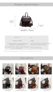 Diagramme technique et échantillons de couleurs du mini sac à dos en cuir PU avec dimensions