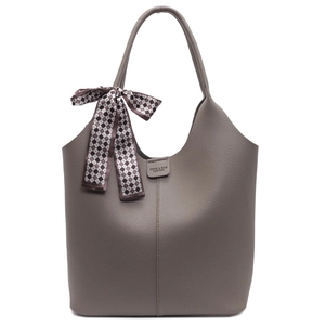 Minimalist large taupe pebbled leather bucket bag with a checkered decorative silk scarf