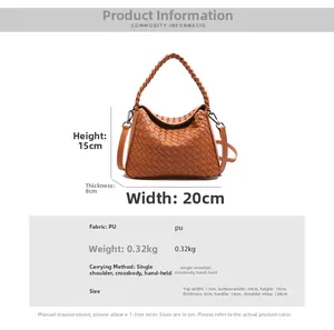 Size chart for brown woven PU leather handbag with detailed product dimensions and strap length