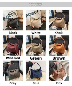 Color display of woven leather shoulder bags in nine diverse shades with matching straps