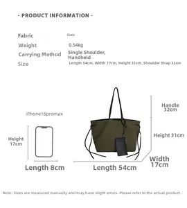 Detailed size guide for large canvas tote bag showing dimensions and weight metrics