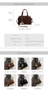 Detailed dimensions of Boston suede handbag in brown black and coffee with baseball charm