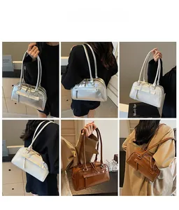Collage of chic leather shoulder bags in silver, white, and brown shown on a model
