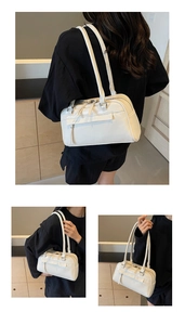 Detailed views of a white rectangular shoulder bag with tassel zippers and long straps