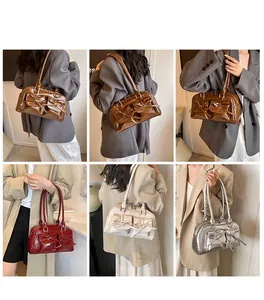 Collage of glossy patent leather bow bowling bags in various colors on female models