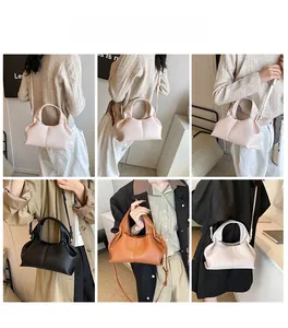 Collage of leather dumpling bag styles being worn by models in various casual outfits