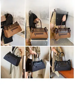 Detail view of large nylon tote bag showing dark brown and black color options for women
